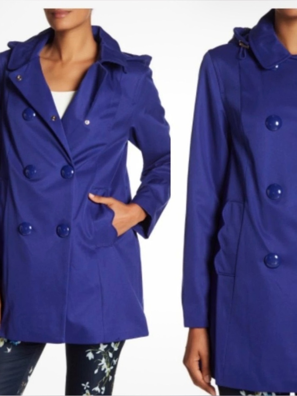 $388 Kate Sapse Royal Blue Double-Breasted Hooded Raincoat size L NWT